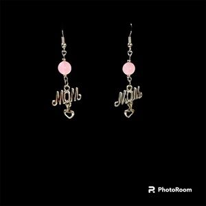 'Mom' Earrings with Pink Rose Quartz Beads Dangle Heart